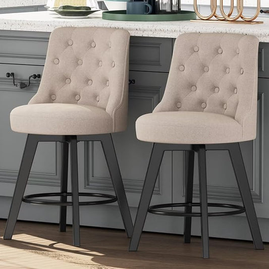 MINCETA Set of 2 Upholstered Bar Stools - 26 Inch Swivel Counter Height Stools with Low Tufted Back, Footrest & Performance Fabric - Round Seat for Kitchen Island & Home Bar Beige