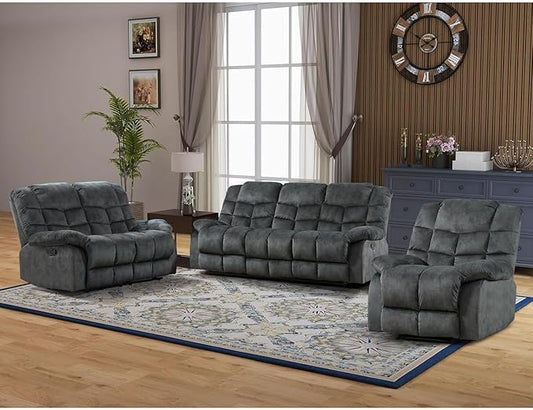 CANMOV Manual Reclining Sofa Set, 3 Pieces Sofa Set, Manual Recliner Chair, Reclining Loveseat and 3-Seat Sofa for Living Room, Furniture Set, Grey(1+2+3)