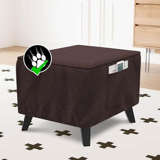 H.VERSAILTEX Thick Durable Linen Look Ottoman Cover Square Fit Length 18"-19" Footrest Folding Storage Stool Furniture Protector Soft Slipcover for Living Room with Elastic Bottom - Heather Chocolate