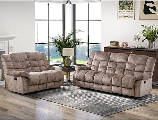 CANMOV Manual Recliner Sofa Set,2 Pieces Sofa Furniture Set for Living Room, Manual Reclining Loveseat and Recliner Sofa with Overstuffed Arms for Living Room, Bedroom, Light Brown (2+3)
