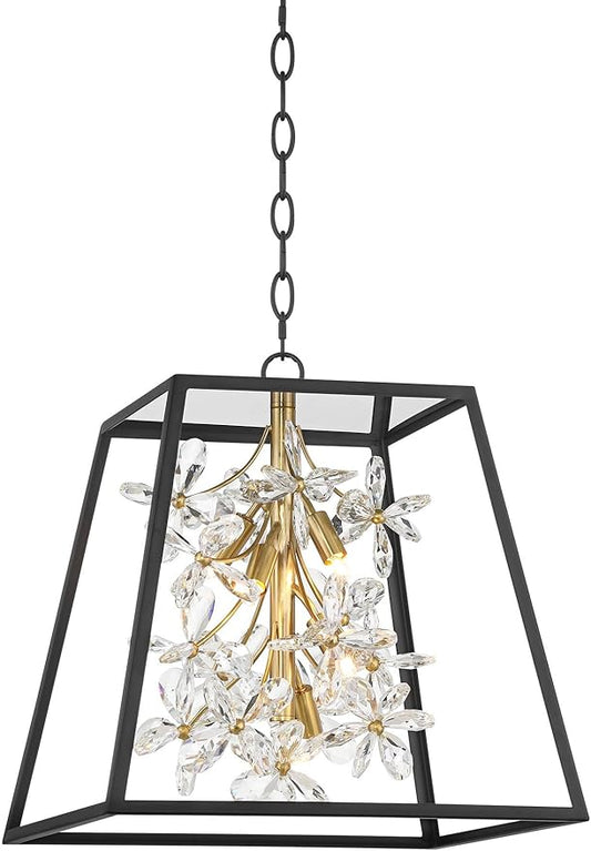 Possini Euro Design Carrine 15 3/4" Modern Pendant Chandelier Ceiling Light Fixture Dining Room Over Table Kitchen Island Foyer Hanging Unique 5-Light LED Dimmable Black Gold Finish Crystal Small