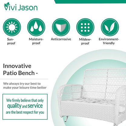 VIVIJASON 4-Piece Outdoor Patio White Wicker Conversation Sets, All Weather Outdoor Rattan Furniture Set Includes Glider Loveseat, Coffee Table, 2 Rocking Chairs with Cushions for Backyard, Beige