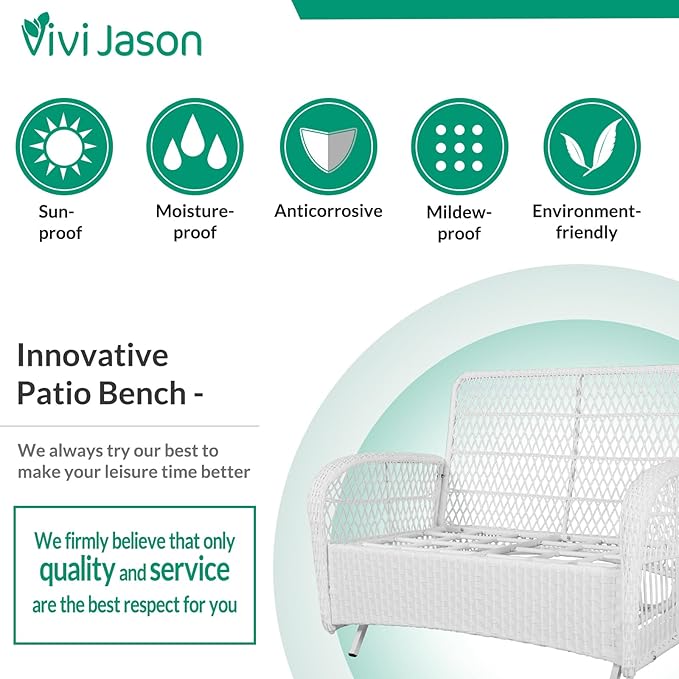 VIVIJASON 4-Piece Outdoor Patio White Wicker Conversation Sets, All Weather Outdoor Rattan Furniture Set Includes Glider Loveseat, Coffee Table, 2 Rocking Chairs with Cushions for Backyard, Navy Blue