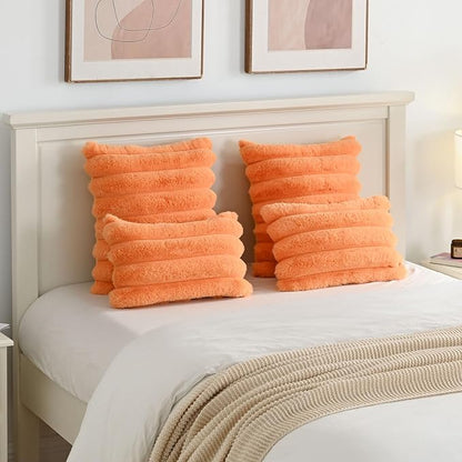 FUTEI Orange Decorative Throw Pillow Covers 12x20 Inch Set of 2, Square Soft Faux Rabbit Fur Thick Striped Lumbar Pillow Case,Winter Home Decor for Couch Bed Living Room