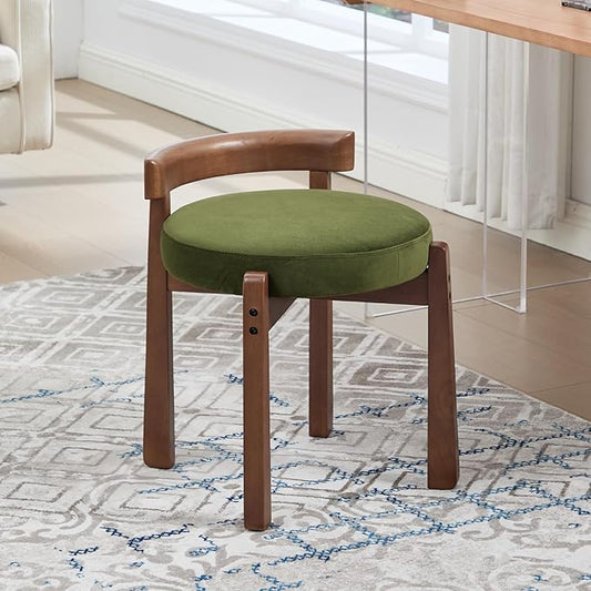 Modern Vanity Chair Upholstered Small Ottoman Footstool, Make Up Stool Velvet Fabric with Backrest Wooden Frame for Living Room Bedrooms, 1PC, Green