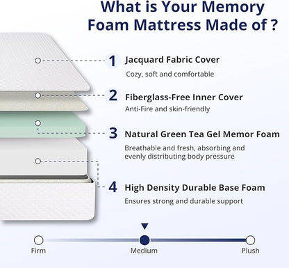 Twin XL Mattress 8 Inch Green Tea Memory Foam Mattress for Cool Sleep & Pressure Relief, Medium Feel Support, Fiberglass Free, Bed in a Box, Removable Washable Cover, CertiPUR-US Certified