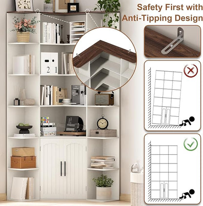 74" Tall Corner Bookshelf with 2 Arched Doors, 6-Tire L Shaped Bookcase with 16 Open Storage Shelves, Rustic Large Corner Shelf with Cabinet for Living Room, Home Office