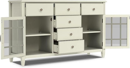 SIMPLIHOME Connaught Buffet - 60 inch Wide Solid Wood 3-Door Sideboard Buffet in Antique White, Traditional Storage Cabinet for Dining Room or Kitchen with Adjustable Shelves and Classic Molding