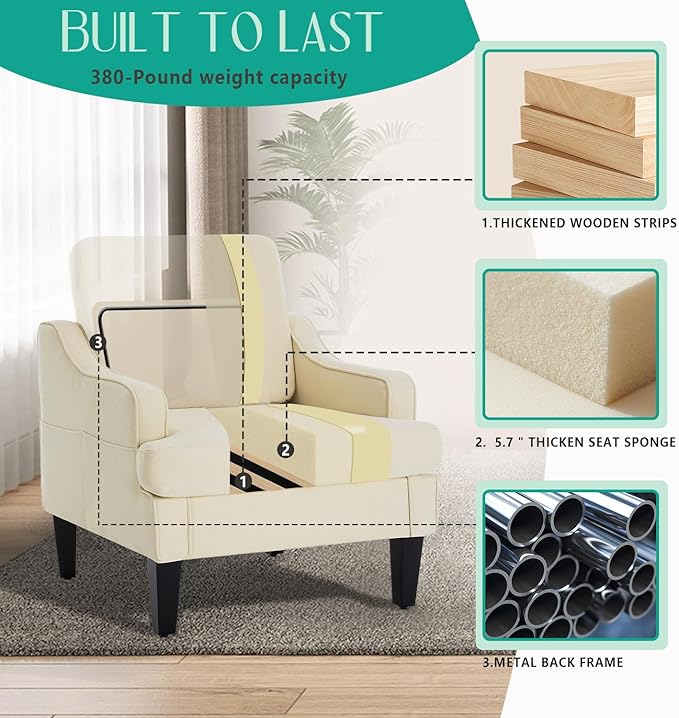 Modern Accent Chair for Bedroom Upholstered Reading Chair with Side Pockets Comfy Living Room Chairs Living Room Armchair for Office, Apartment, Small Room (Beige)