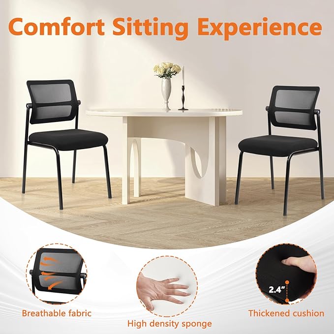 CLATINA Stacking Armless Office Waiting Room Chair with Adjustable Backrest, Mesh Stackable Guest Reception Desk Chairs with Ergonomic Lumbar Support for Home Conference Lobby Side School, Black, 4PK