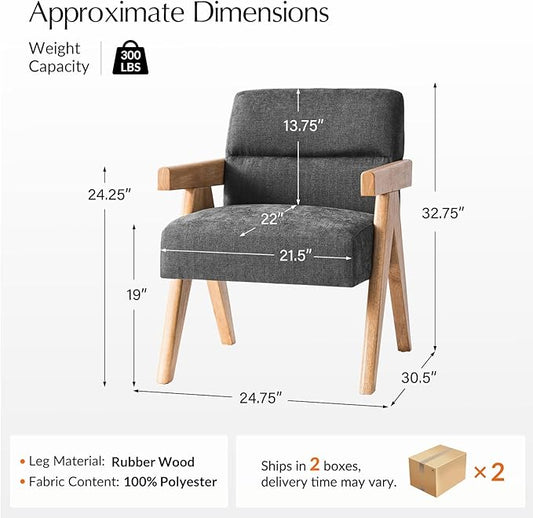 HULALA HOME Modern Accent Chair, Upholstered Arm Chair with Solid Wood Frame, Comfortable Padded Seat and Back, for Living Room, Bedroom Set of 2, Charcoal