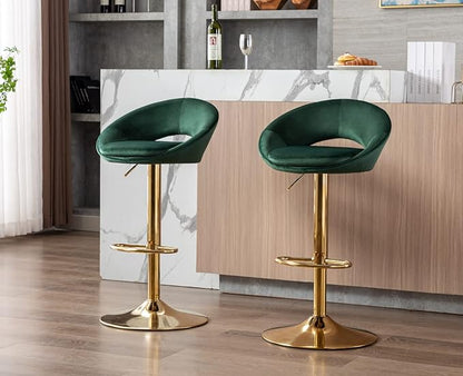 CIMOO Velvet Swivel Bar Stools Set of 2 with Open Back, Upholstered Adjustable Bar Height Bartools Modern Counter Height Barstools Island Chairs with Gold Legs for Kitchen/Home Bar/Pub, Green