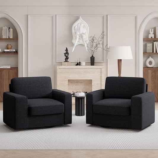Swivel Accent Sofa Chair Set of 2, 360 Degree Rotation 36'' Width Oversized Wingback Armchair Linen Fabric Single Thick Cushion Soft Living Room, Office Black