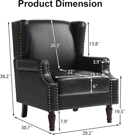 Pia Ricco High Back Floral Accent Chair - Retro Wingback Upholstered Armchair in Faux Leather, Nailhead Trim & Solid Wood Legs for Living Room Bedroom Reading Chair（Black