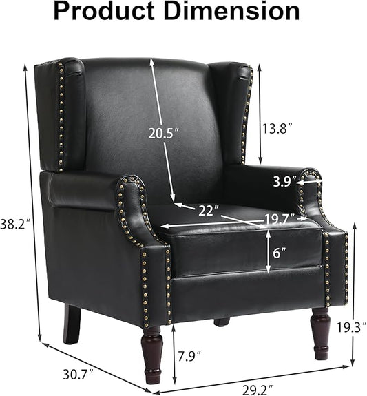 Pia Ricco High Back Floral Accent Chair - Retro Wingback Upholstered Armchair in Faux Leather, Nailhead Trim & Solid Wood Legs for Living Room Bedroom Reading Chair（Black