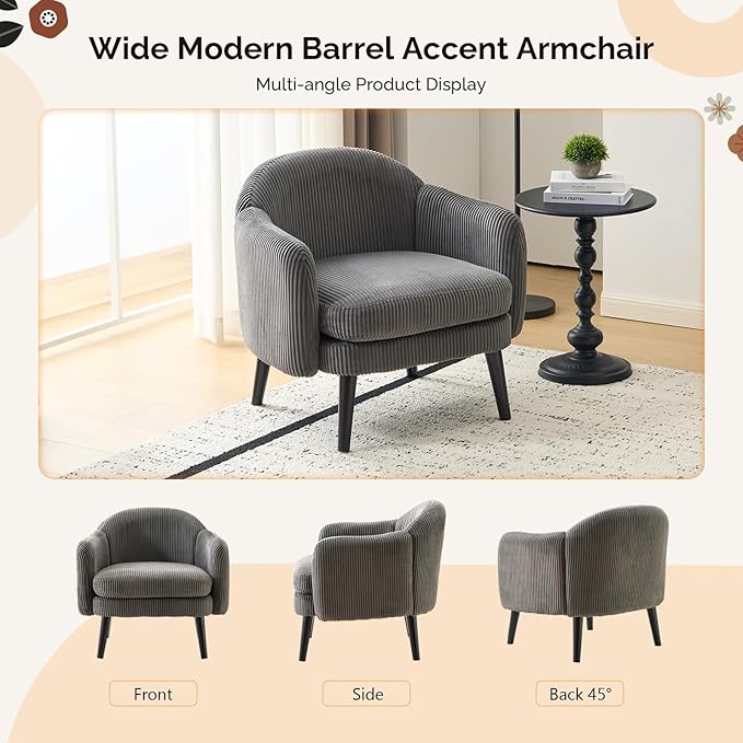 VINGLI 30.3" Wide Modern Barrel Accent Armchair with Track Armrest, Solid Wooden Legs, Comfy Upholstered Club Chair, Round Single Home Sofa for Living Room, Bedroom, Reading Room, Corduroy Grey