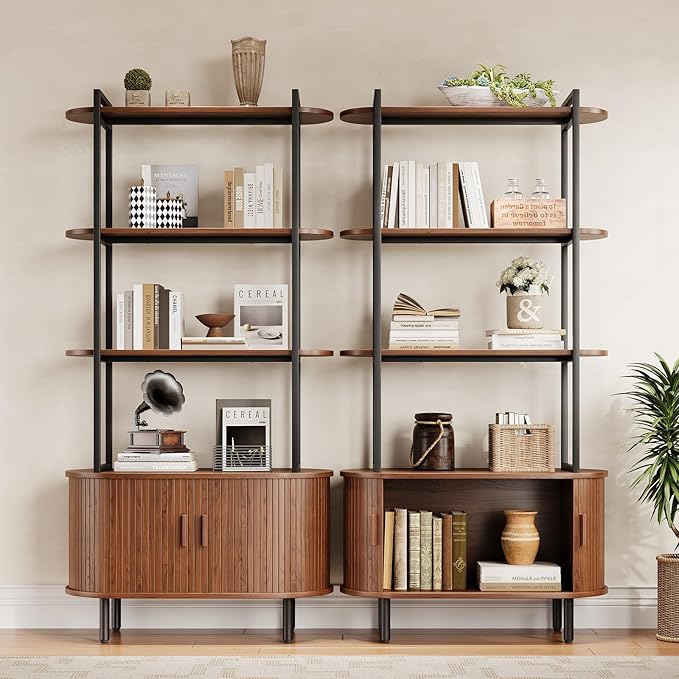 71" Tall Fluted Bookshelf with Sliding Tambour Doors, 4-Tier Mid Century Modern Metal Bookcase Cabinet w/Open Display Storage Shelf, Display Cabinet for Office, Living Room Walnut