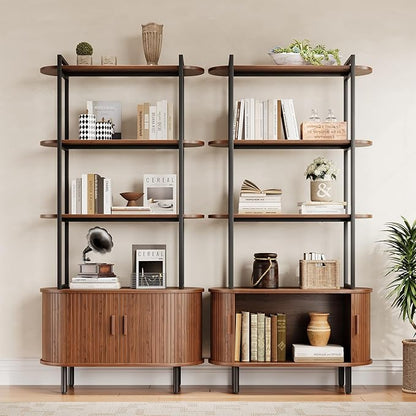 71" Tall Fluted Bookshelf with Sliding Tambour Doors, 4-Tier Mid Century Modern Metal Bookcase Cabinet w/Open Display Storage Shelf, Display Cabinet for Office, Living Room Walnut