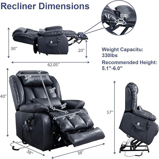 MAEVIS Large Genuine Leather Power Lift Recliner Chair, Dual Motor Recliner for Elderly,Extended Footrest and Lumbar Pillow for Tall Man,with Heat and Massage, USB and Type-C Ports(Deep Blue)