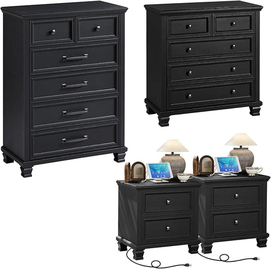 Farmhouse Bedroom Dresser and Nightstand Set of 4, 6 Drawer Tall & 5 Drawers Dresser & 2 Drawer Nightstand Set, Rustic Wood Bedroom Furniture Set for Livingroom, Hallway, Black