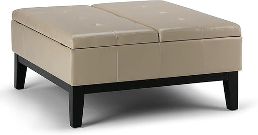 SIMPLIHOME Dover 36 inch Wide Contemporary Square Coffee Table Storage Ottoman in Satin Cream Vegan Faux Leather, Assembled, For the Living Room and Bedroom
