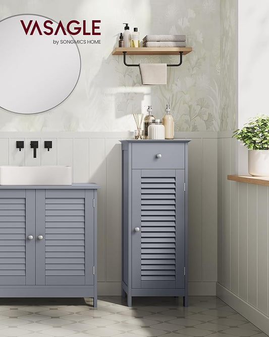 VASAGLE Storage Cabinet, Small Slim Floor Cabinet with Drawer and Shutter Door, for Living Room, Bathroom, Bedroom, 11.8 x 12.6 x 34.3 Inches, Dove Gray UBBC043G02