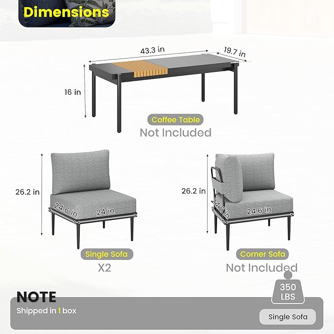 Sundale Outdoor 2 Pieces Metal Patio Furniture Set, Outdoor Sectional Sofa w/6 Inch Olefin Cushion, Modern Outdoor Conversation Sets