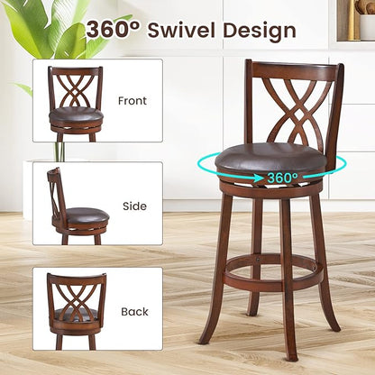 COSTWAY Bar Stools Set of 4, 360° Swivel Chairs with Rubber Wood Frame, 30-Inch PU Leather Cushioned Seat and Footrests, for Kitchen Island, Dining Room, Bar (Brown-30 inches, 4 stools)