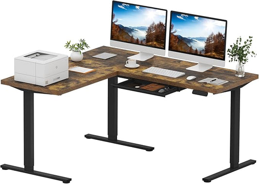 SANODESK L Shaped Electric Standing Desk with Drawer, 63 Inch Ergonomic Adjustable Height Desk with Storage, Corner Desk Sit Stand up Computer Table for Work Office Home, Rustic Brown