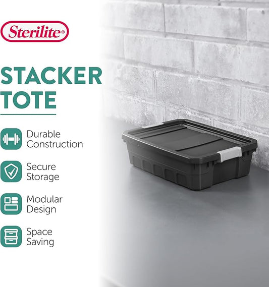 Sterilite 12-Pack Plastic Storage Bins with Lids, Stackable Containers, 10 Gallon, Black