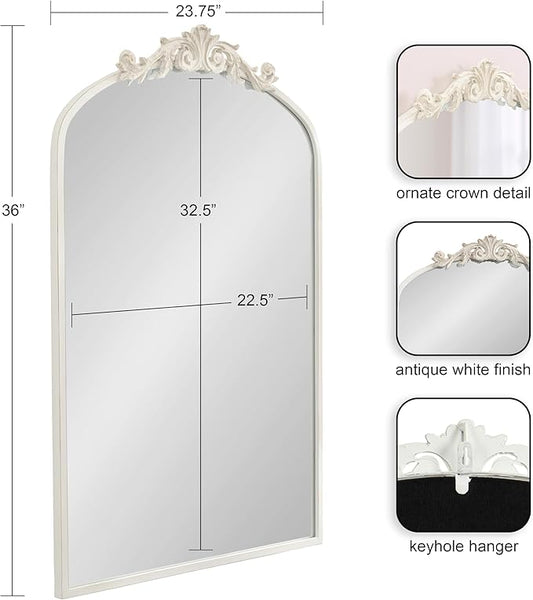 Kate and Laurel Arendahl Traditional Arch Wall Mirror; 24 x 36; Antique White; Vintage Glam Baroque-Inspired Arched Bathroom Vanity Mirror with Ornate Crown