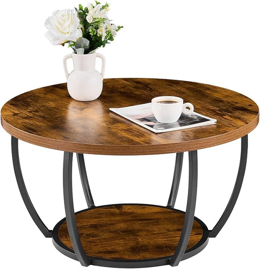 VEVOR Coffee Table, Modern Round Coffee Table, 2 Tiers Wooden Circle Center Desk with Open Storage, Minimalist Sturdy Metal Frame Accent End Desk for Living Room, Office, Easy Assembly, Rustic Brown