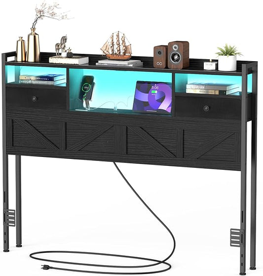 Queen Size Headboard with Drawers, Outlets & USB Ports,Sturdy Wood Bed Frame with Adjustable Height, Built-in LED Lighting (Black, Queen 59 * 7.08 * 45.7)