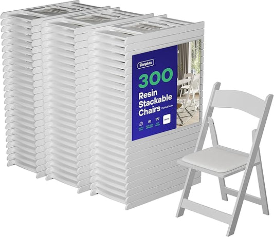 SIMPLEX 300 White Folding Chairs – Resin Stackable Foldable Chairs with Padded Seats – Comfortable White Folding Chairs for Indoor/Outdoor Events – Lightweight Resin Chairs (300 Pack)