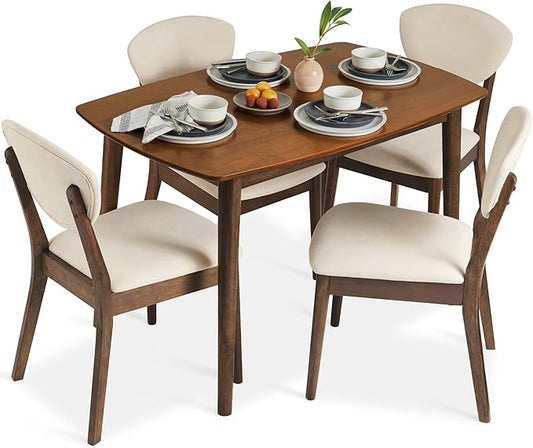 Best Choice Products 5-Piece Dining Set, Compact Mid-Century Modern Table & Chair Set for Home, Apartment w/ 4 Chairs, Padded Seats & Backrests, Wooden Frame - Walnut/Cream
