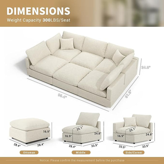Linen Modular Sectional Sofa Cloud Couch for Living Room,Sleeper Sofa Bed,95.4 Inch Couches Cushion Covers Removable,Cozy Feather Down Sofa for Apartment Beige