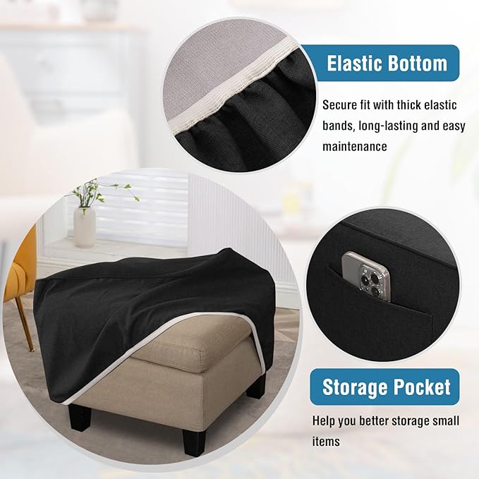 H.VERSAILTEX Square Ottoman Cover Fit Length 18"-19" Footrest Durable Linen Look Fabric Ottoman Slipcover Thick Soft Footrest Stool Covers for Square Ottoman Removable Washable - Heather Black