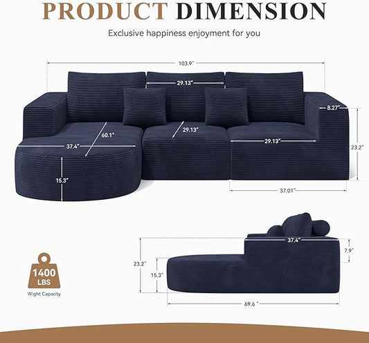 Boneless Couches for Living Room,Modular Sectional Sofa with Ottoman,Cloud Couch in a Box,Sponge Compression U Shaped Sofas with Chaise No Assembly Required(Blue-Corduroy Fabric) 1pcs