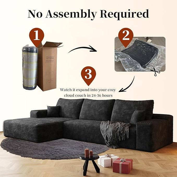 107.5" Boneless L-Shaped Modular Sectional Sofa Couches for Living Room, Corduroy Upholstered Couch with Deep Seat, Large 2-Seater Cloud Sectional Couch, No Assembly, (Black, Left Facing Chaise)