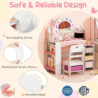 Costzon Kids Vanity, Girls Vanity Set with Lighted Mirror, Bookshelf, Jewelry Storage, Toddler Makeup Vanity Desk Dressing Table, Wooden Kids Vanity Table and Chair Set (White)