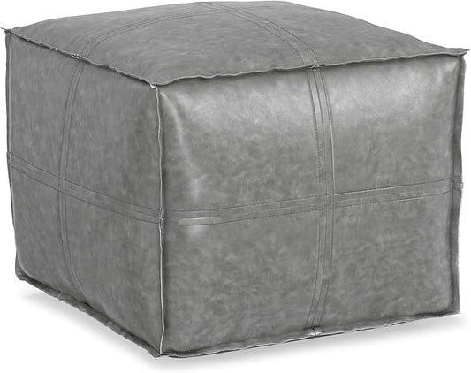 SIMPLIHOME Brody 18-inch Wide Square Pouf in Distressed Grey Vegan Faux Leather, Boho-Style Ottoman, Footstool or Extra Seating for Living Room, Assembled