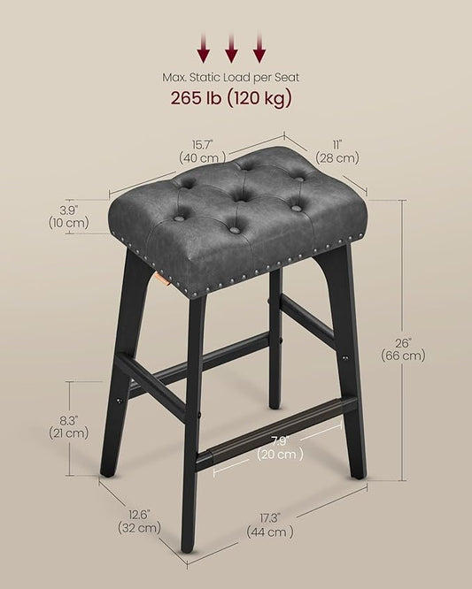 VASAGLE Bar Stools Set of 4, Saddle Counter Height Bar Stools, 26-Inch Backless Kitchen Stools with Wood Legs, PU Leather Thickened Upholstered Barstools for Kitchen Island Dining Room, Ink Black
