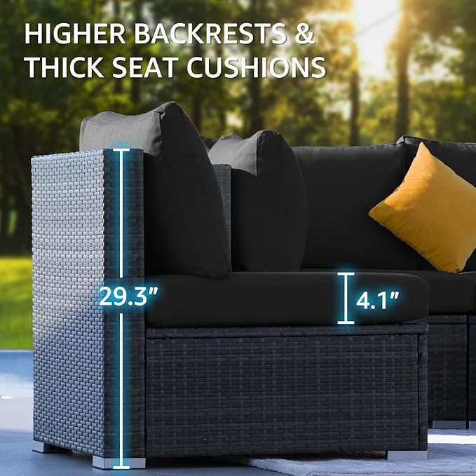 NICESOUL 7 Piece Outdoor Patio Sectional Furniture Set with Firepit Natural Gas/Propane, 29.3'' High-Back Comfy Conversations for Outside, Oversized Wide Wicker Couches, 2 Color Cushion Black & Gray