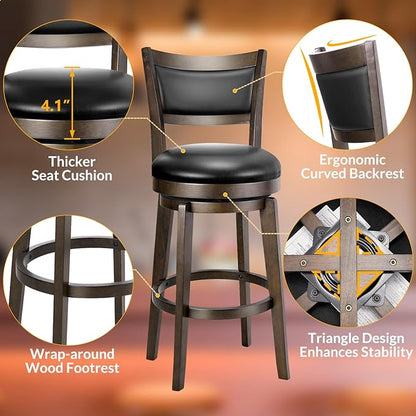 PrimeZone Swivel Bar Stools Set of 8, 26 Inch Counter Height Barstools, Black Faux Leather Bar Stool with High Backrest & Solid Wood Legs & Wrap-around Footrest, Counter Stools for Kitchen Island, Pub