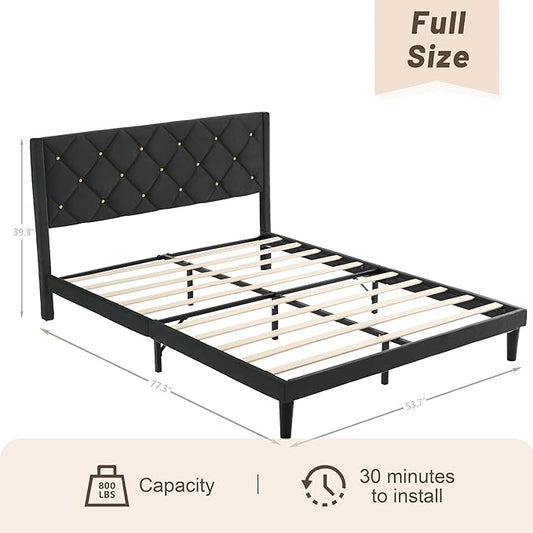 Full Size Platform Bed Frame with Velvet Upholstered Headboard and Sturdy Wooden Slats Support,Mattress Foundation，Easy Assembly, No Box Spring Needed,Slip Resistant (Black, Full)