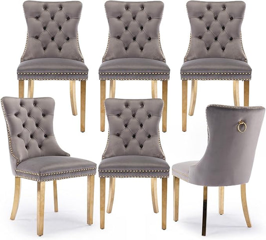 Velvet Upholstered Dining Chairs Set of 6, Modern Style Kitchen Side Chairs with Nailhead Trim and Gold Plated Leg, Metal Pulling Ring for Dining Room Living Room(Gery-Gold Plated Leg)