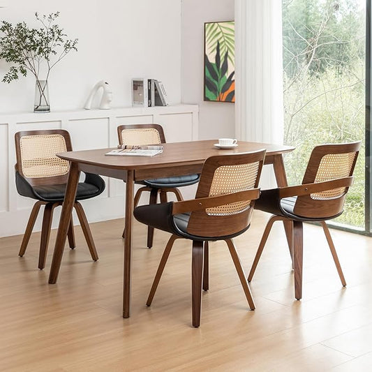 Set of 4 Kitchen & Dining Room Chairs - Swivel Dining Chairs with Cane Back, Walnut Bentwood Frame, Faux Leather Seat, Arms, Versatile for Conference/Kitchen/Restaurant/Living Room (Walnut Black)