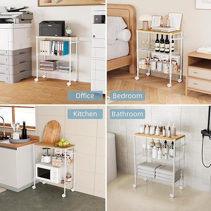 Whitmor 3 Tier Rolling Kitchen Cart,27.6"x10"x21.7”Heavy Duty Metal Storage Cart with Wheels, Adjustable Shelves, Lockable Utility Cart with Wood Top & Portable Handle for Indoor & Outdoor Use, White
