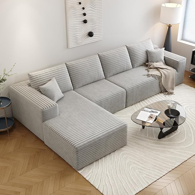 135.4" Cloud Sectional Couch with L-Shape Chaise,Modern Modular Sofa with Deep Seat, Upholstered Couches for Living Room Bedroom Apartments,No Assembly Required, (Grey,Left Facing Chaise)