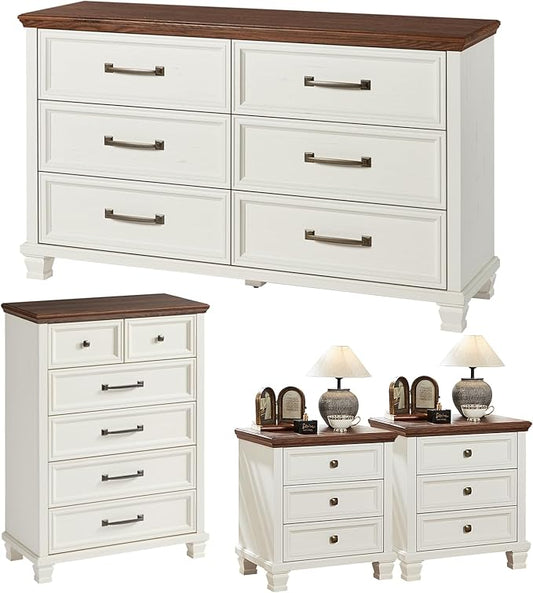 Farmhouse Bedroom Dresser and Nightstand Set of 4, 6 Drawer Tall & Low Dresser & 3 Drawer Nightstand Set with Wooden Legs, Rustic Wood Bedroom Furniture Sets for Livingroom, Hallway, White